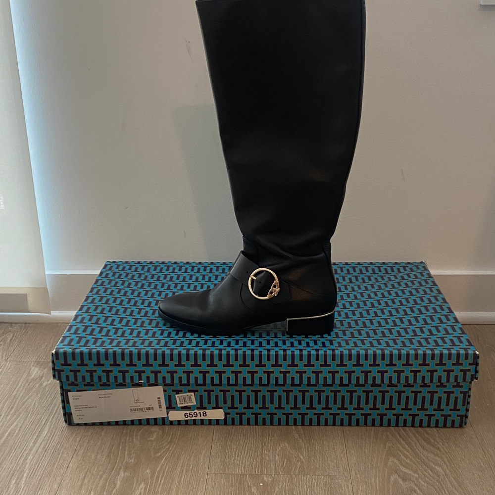 Tory Burch Black Heeled Boots size 7.5 w gold buckle details